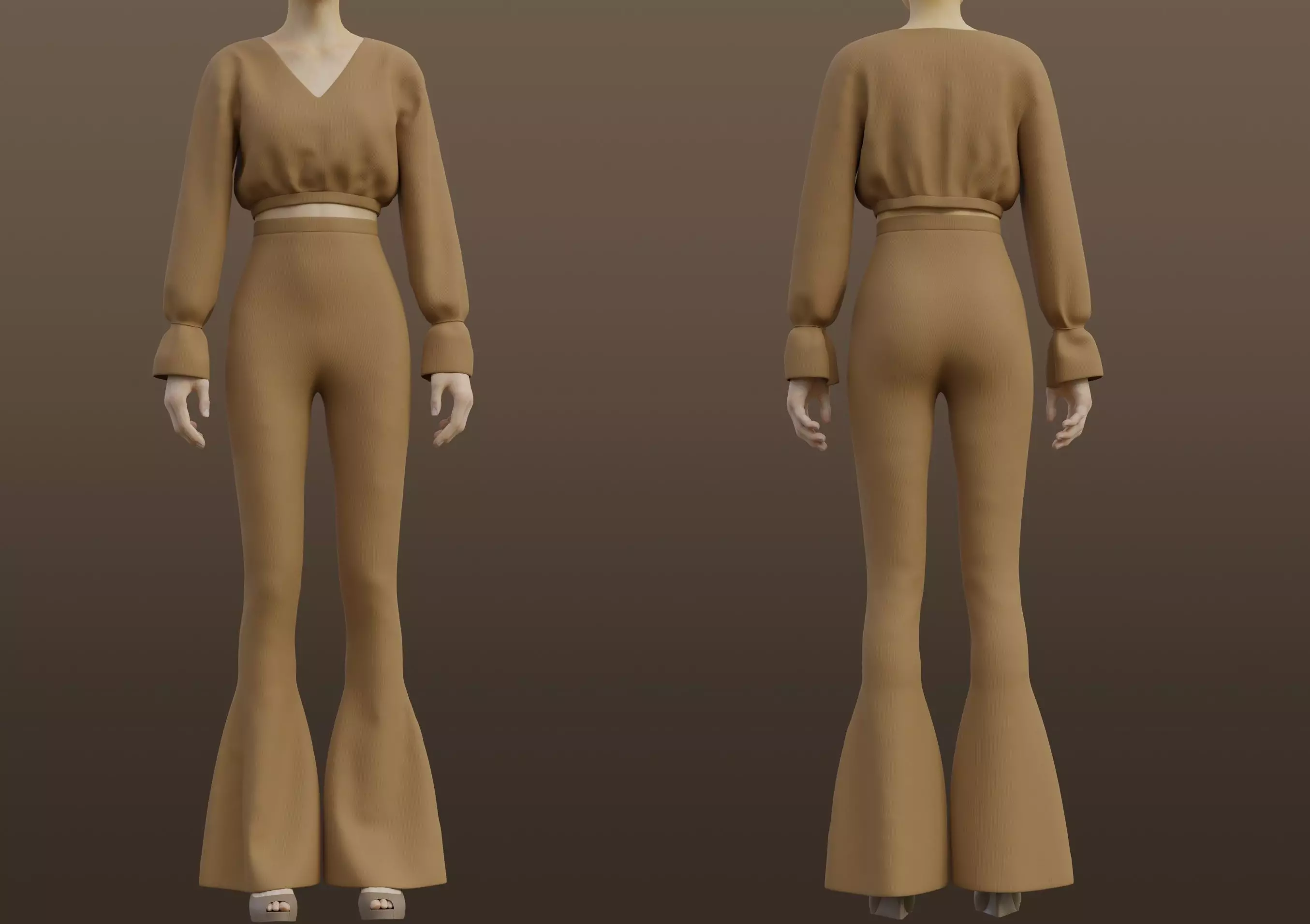 Crop top and Bell-Bottom pants 2 piece outfit 3D model