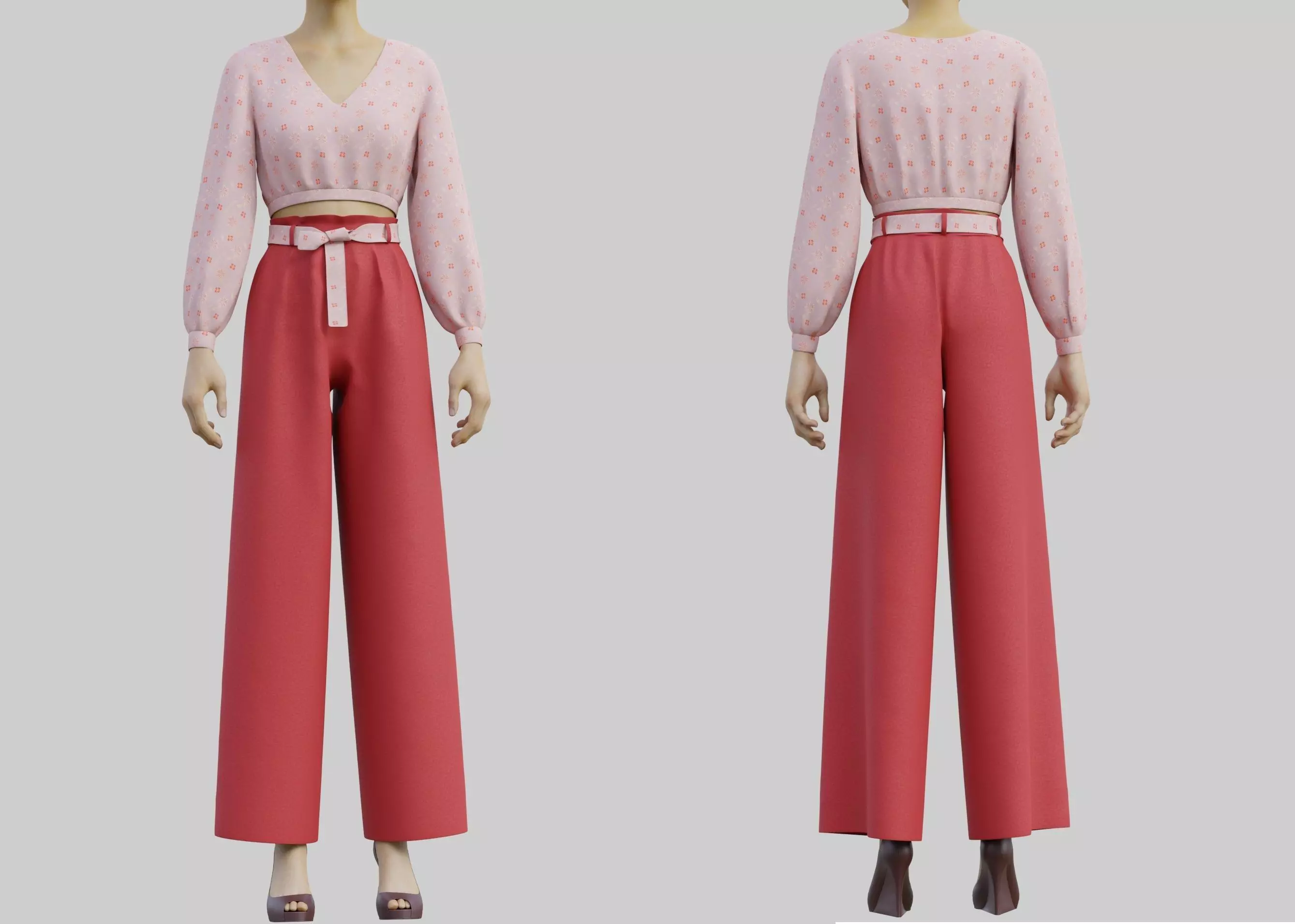 Floral Crop blouse and Wide leg palazzo pants 2 piece outfit 3D model