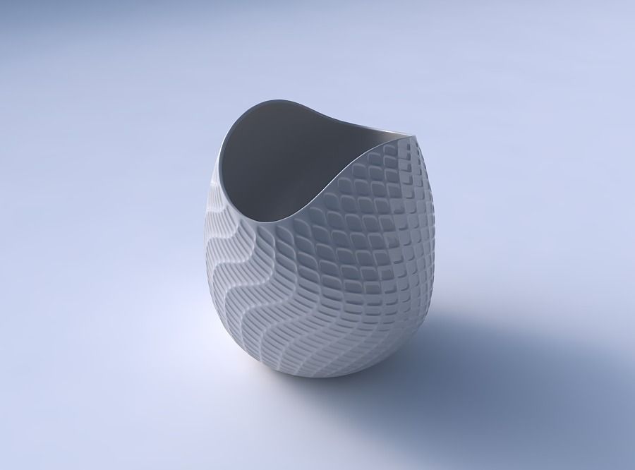 Bowl compressed and twisted with diagonal grid dents 3D print model_3