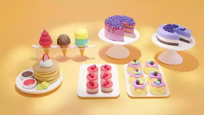 Low High Poly of 6 stylized Desserts for your renders and games