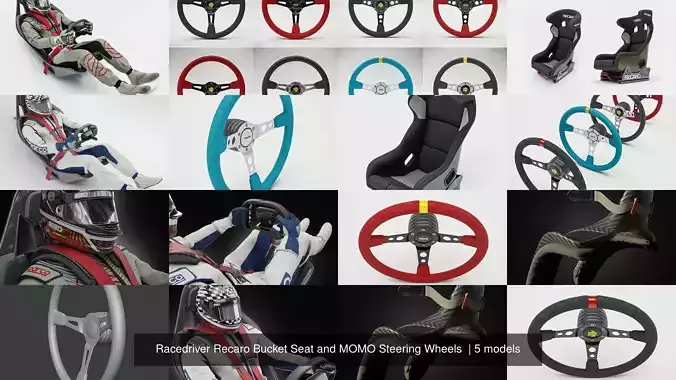 Racedriver Recaro Bucket Seat and MOMO Steering Wheels  3D Model Collection