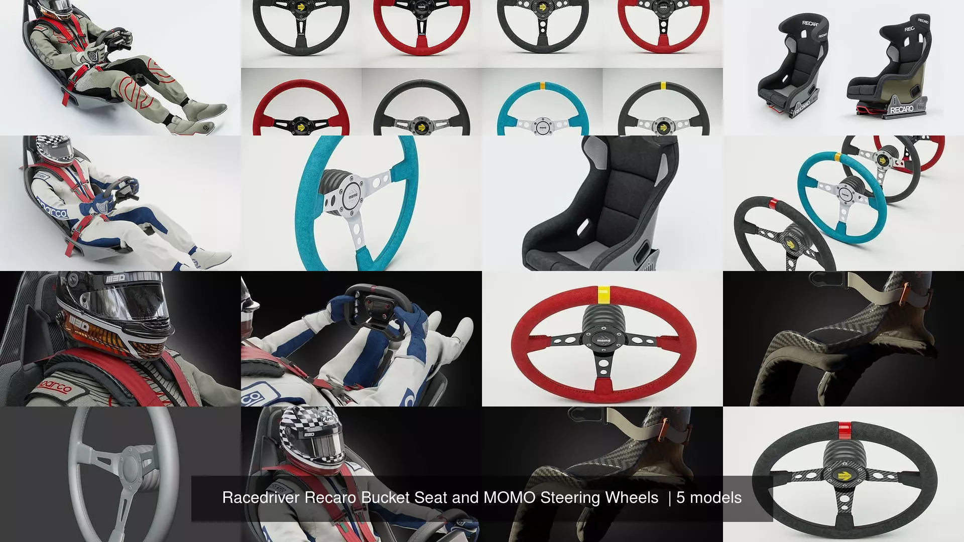 Racedriver Recaro Bucket Seat and MOMO Steering Wheels  3D Model Collection_0