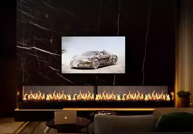 chemine living room with fireplace and car on wall 3D model