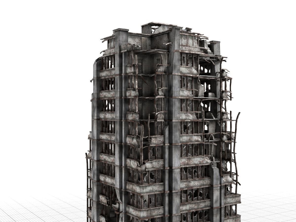 destroyed and ruined highrise city-building Low-poly 3D model_4