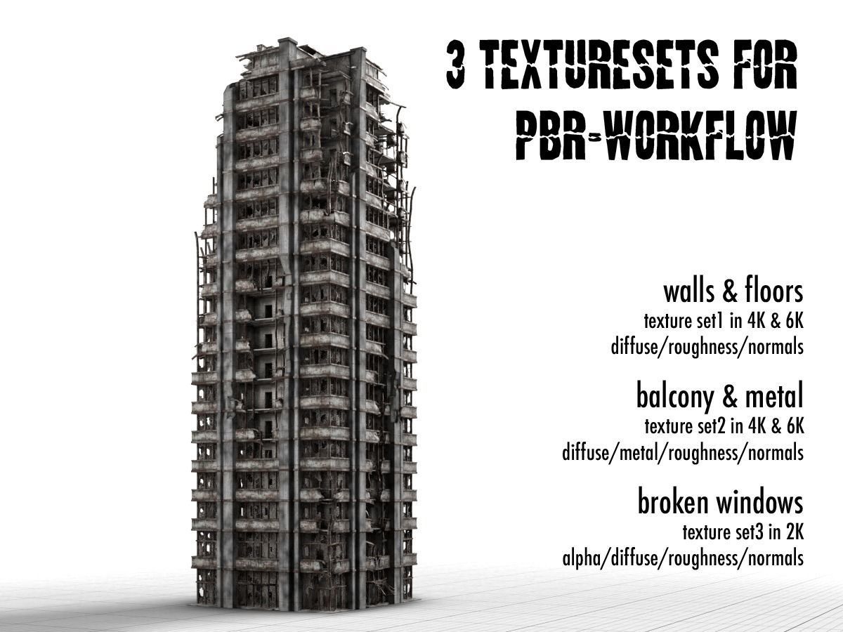 destroyed and ruined highrise city-building Low-poly 3D model_2