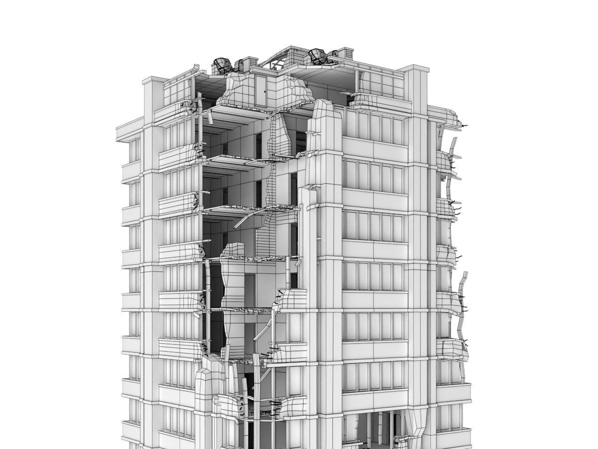 destroyed and ruined highrise city-building Low-poly 3D model_17