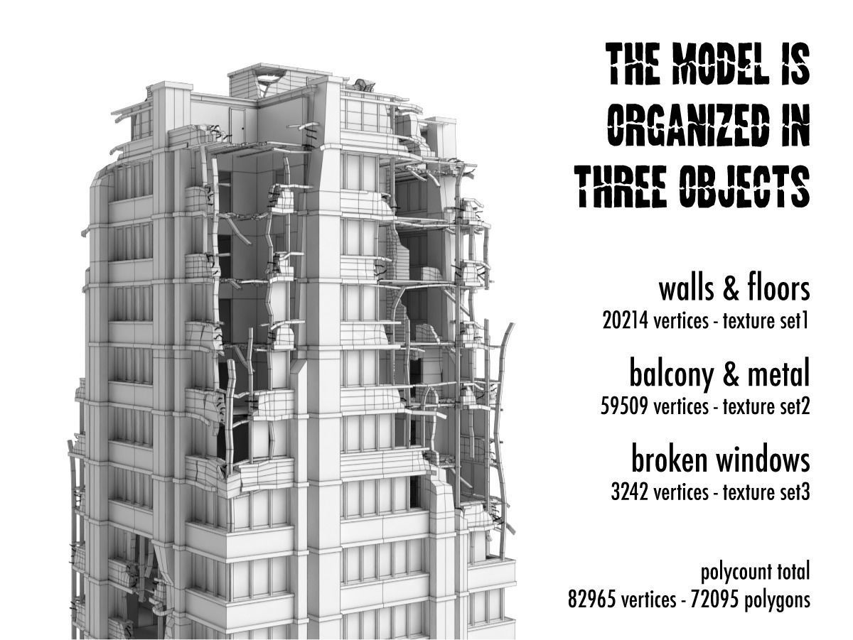 destroyed and ruined highrise city-building Low-poly 3D model_5