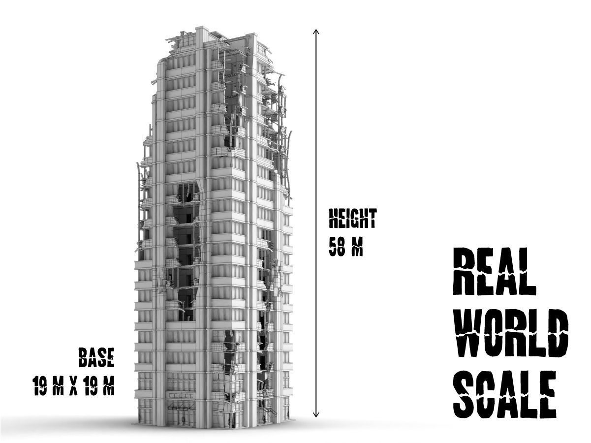 destroyed and ruined highrise city-building Low-poly 3D model_3