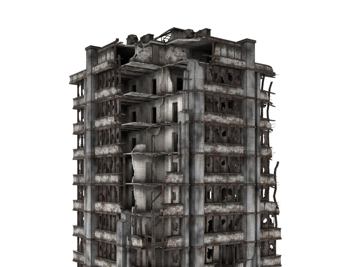 destroyed and ruined highrise city-building Low-poly 3D model_16