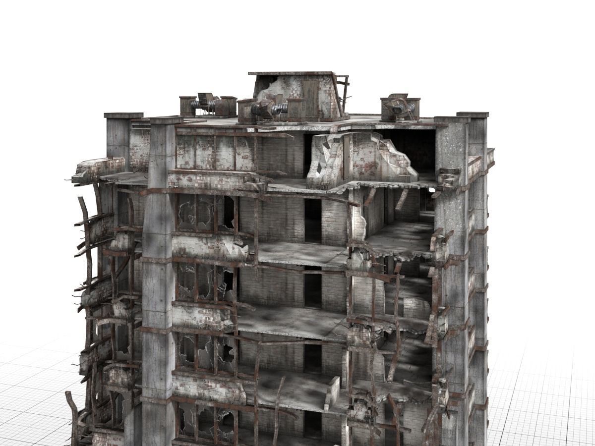 destroyed and ruined highrise city-building Low-poly 3D model_12