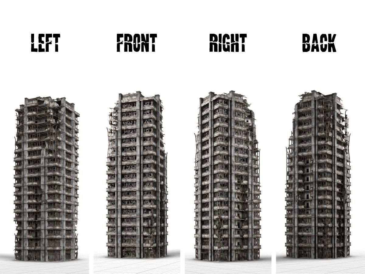 destroyed and ruined highrise city-building Low-poly 3D model_1