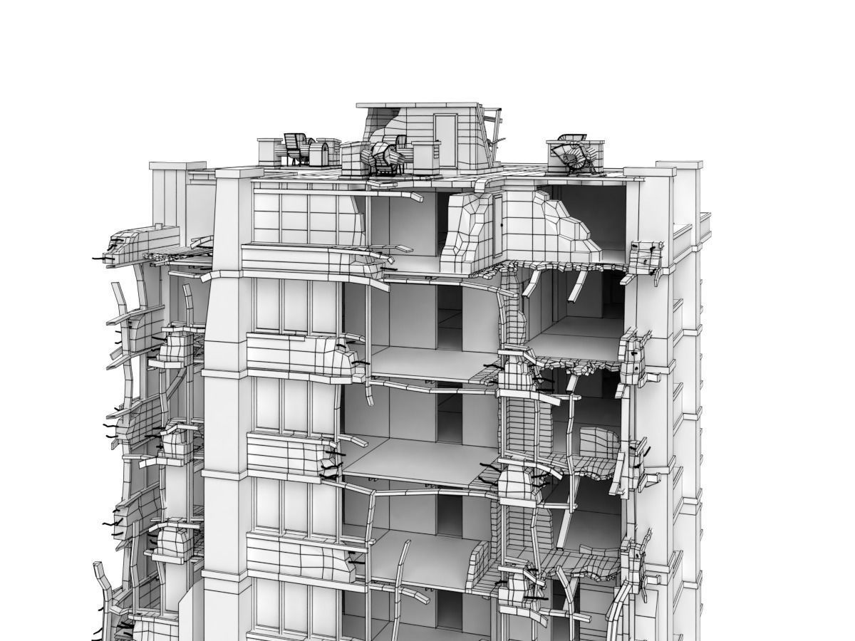 destroyed and ruined highrise city-building Low-poly 3D model_13