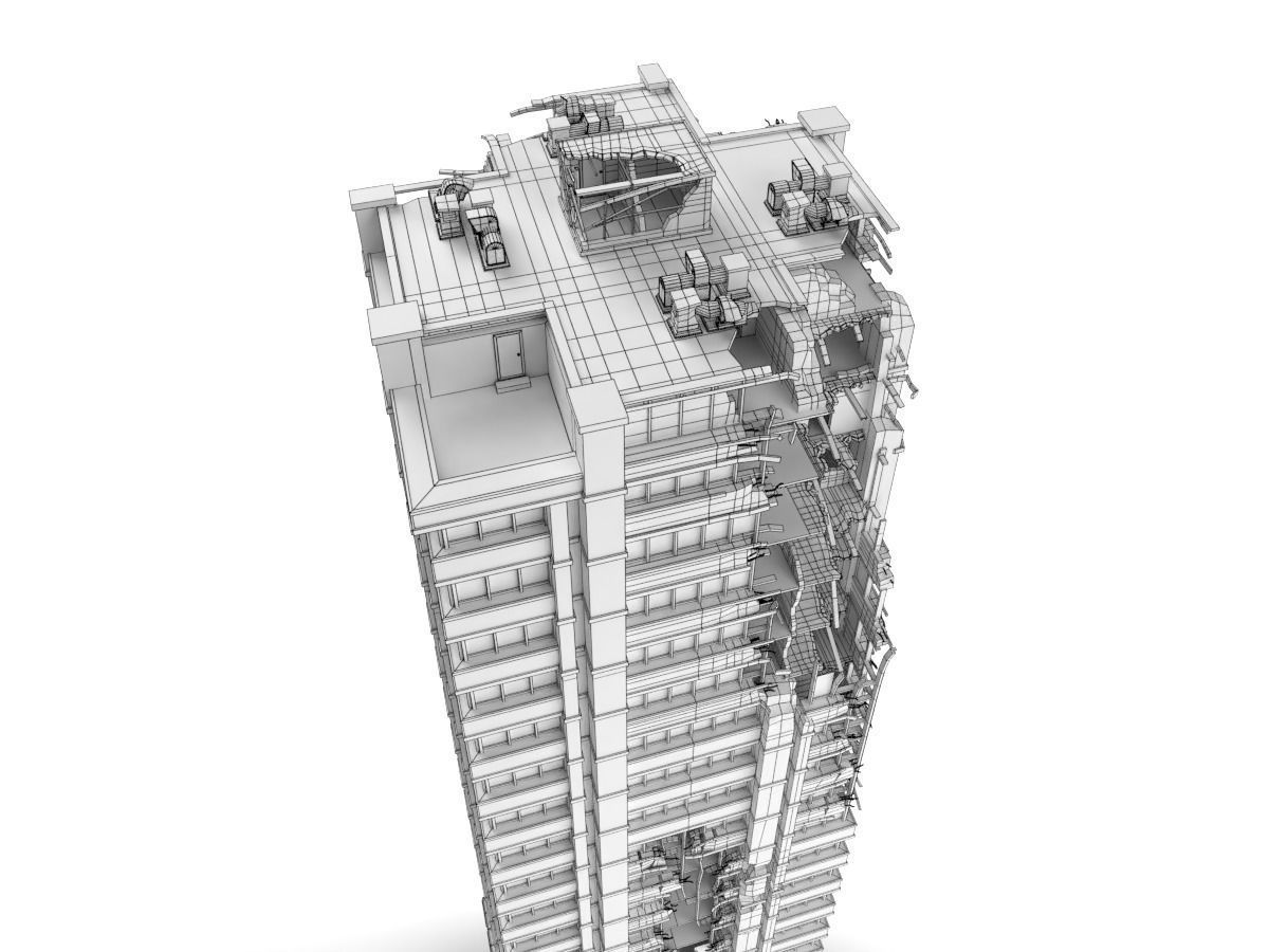 destroyed and ruined highrise city-building Low-poly 3D model_19