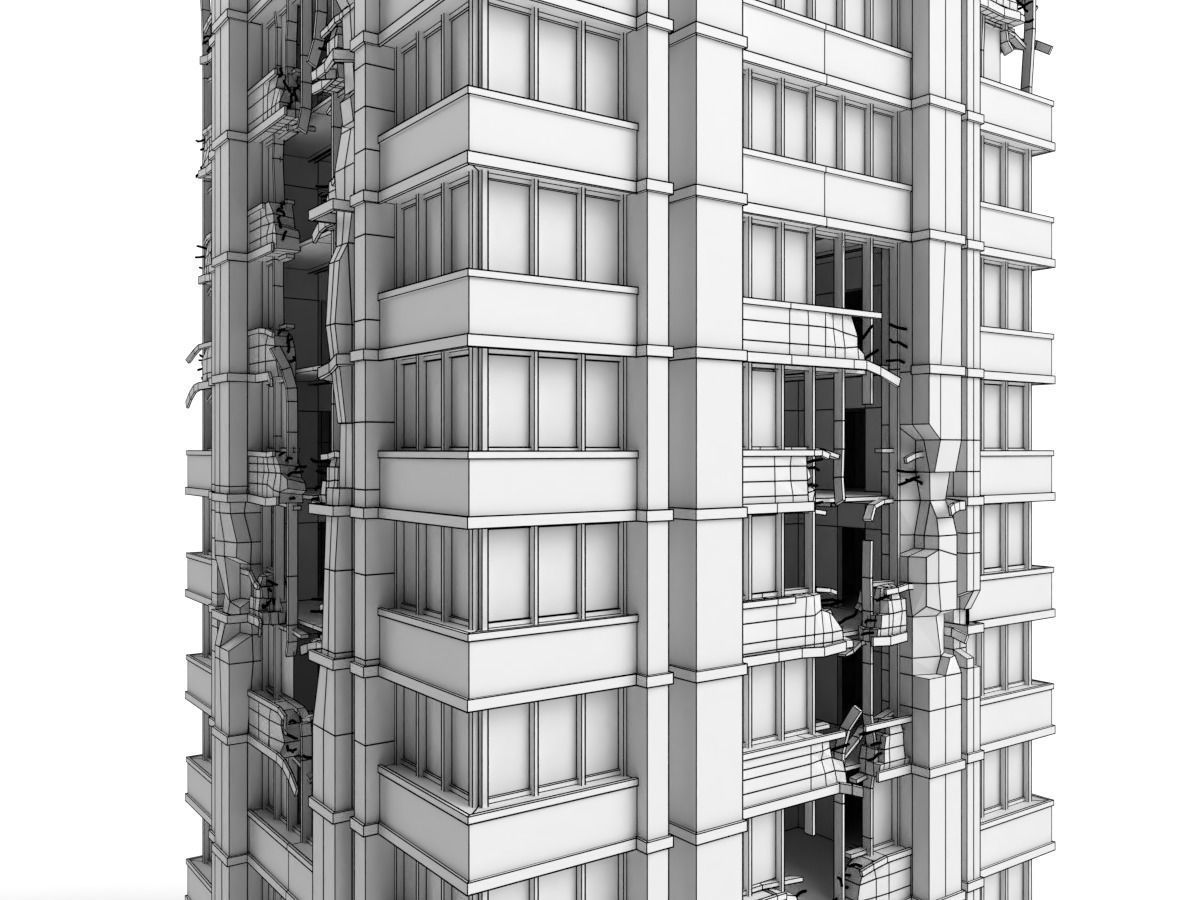 destroyed and ruined highrise city-building Low-poly 3D model_7