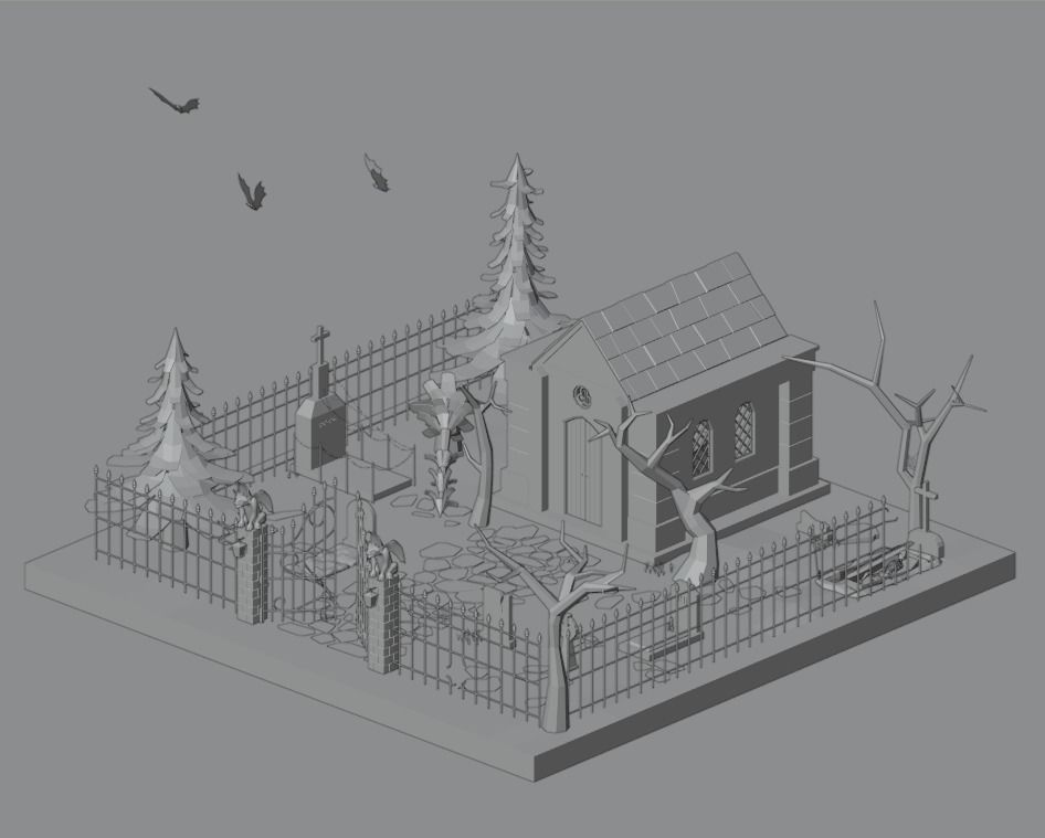 Cemetery bat flying in sky Low-poly 3D model_1