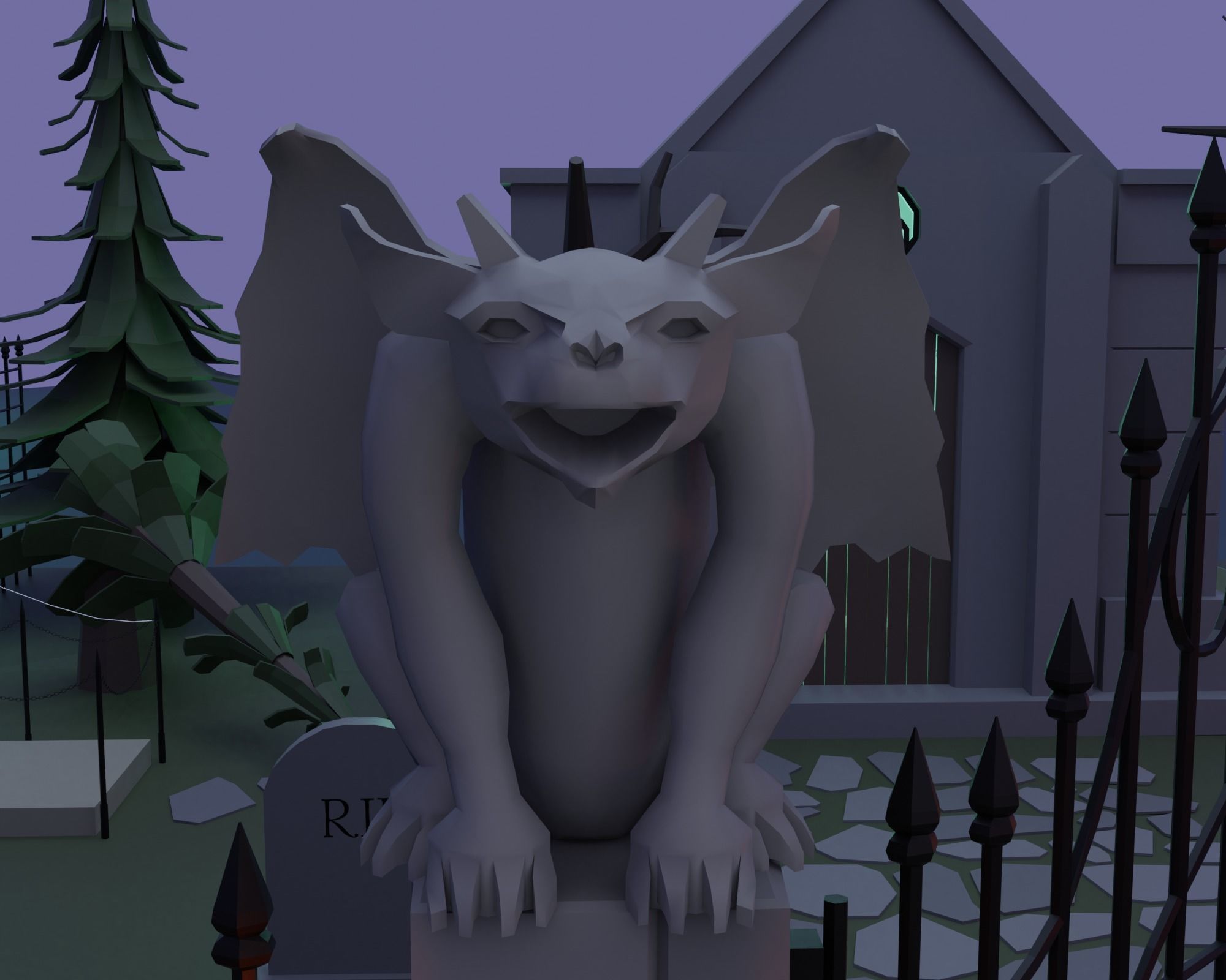 Cemetery bat flying in sky Low-poly 3D model_5