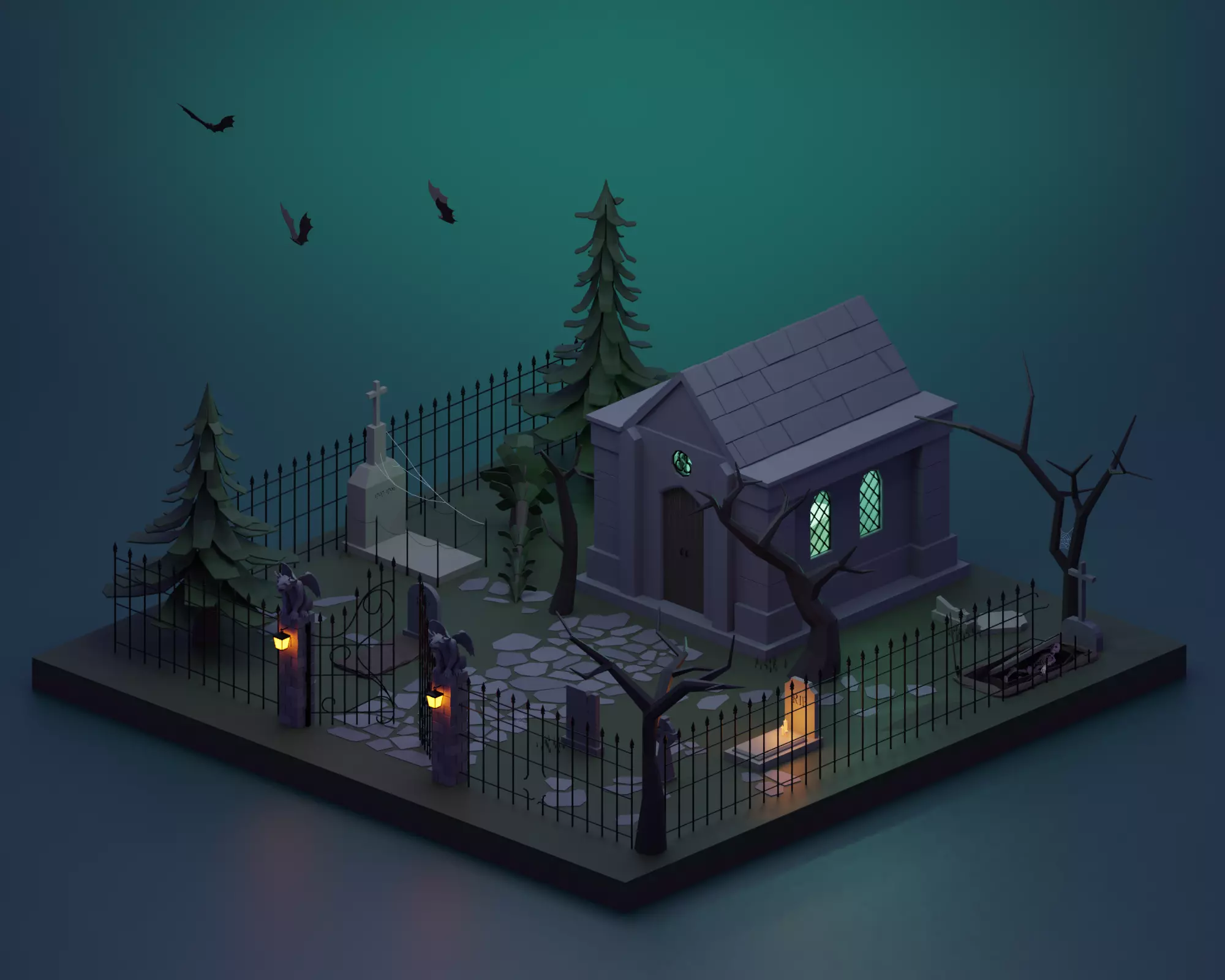 Cemetery bat flying in sky Low-poly 3D model_0