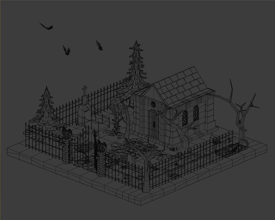 Cemetery bat flying in sky Low-poly 3D model_2