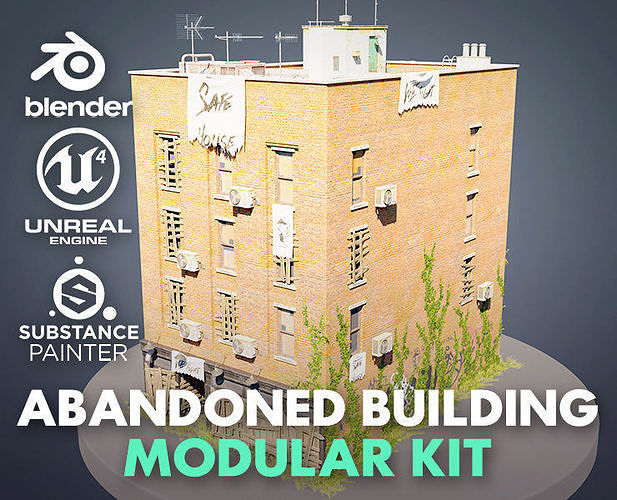 Abandoned building modular kit Low-poly 3D model