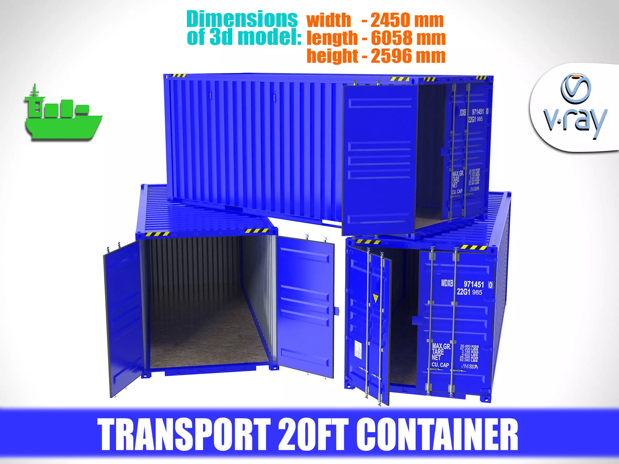 Blue transport 20ft container 3D model_0