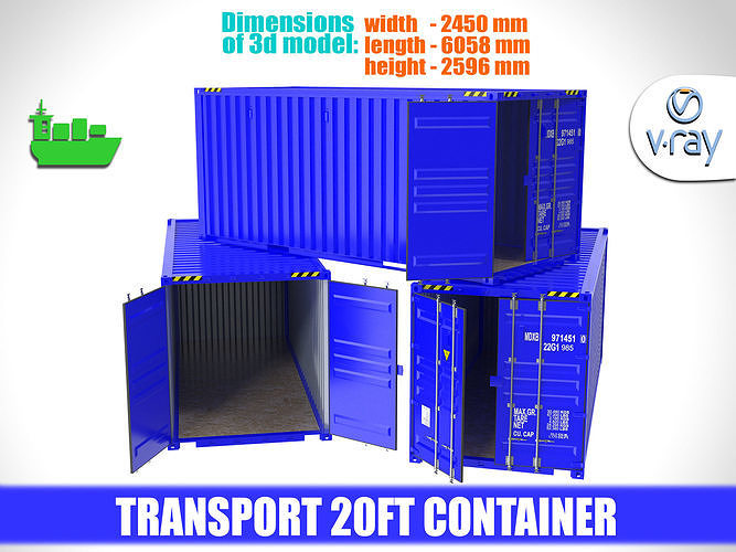 Blue transport 20ft container 3D model