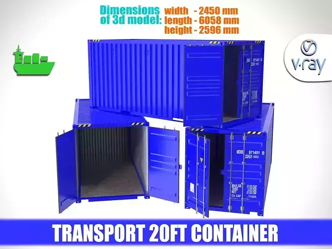 Blue transport 20ft container 3D model