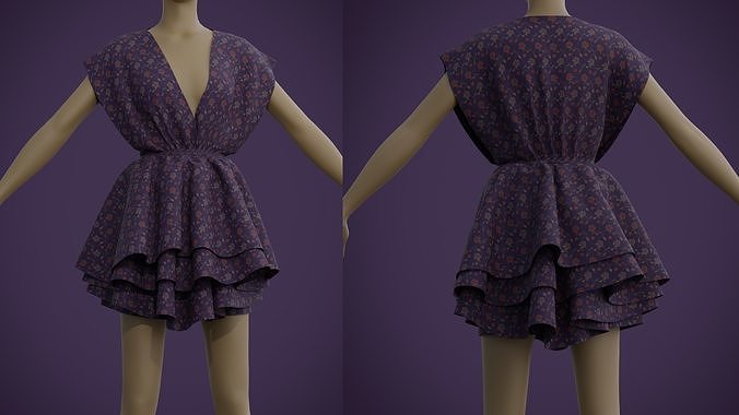 Floral Print Layered Dress - Ruffle Summer Sundress 3D model