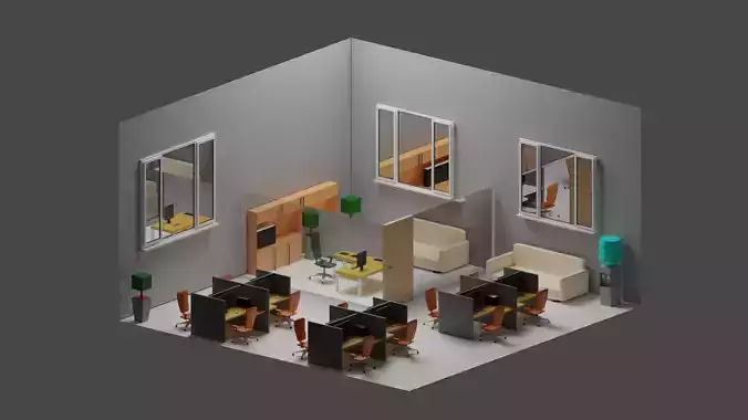 3D Low-Poly Office with desk and chairs