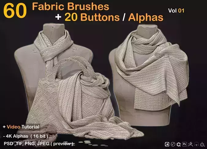 60 Fabric Brushes-20 Buttons -Alphas    Vol 01 3D model