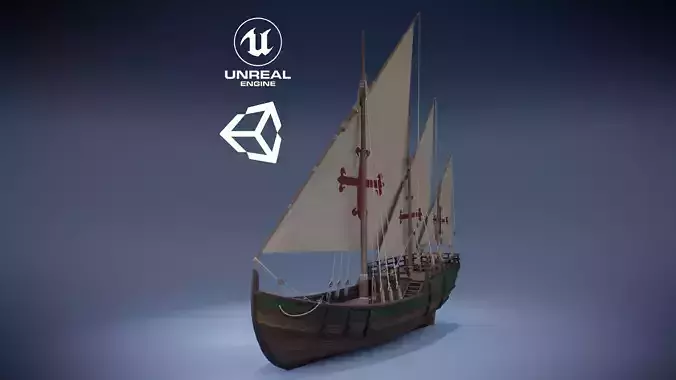 Caravel mediterranean sailing ship Low-poly 3D model