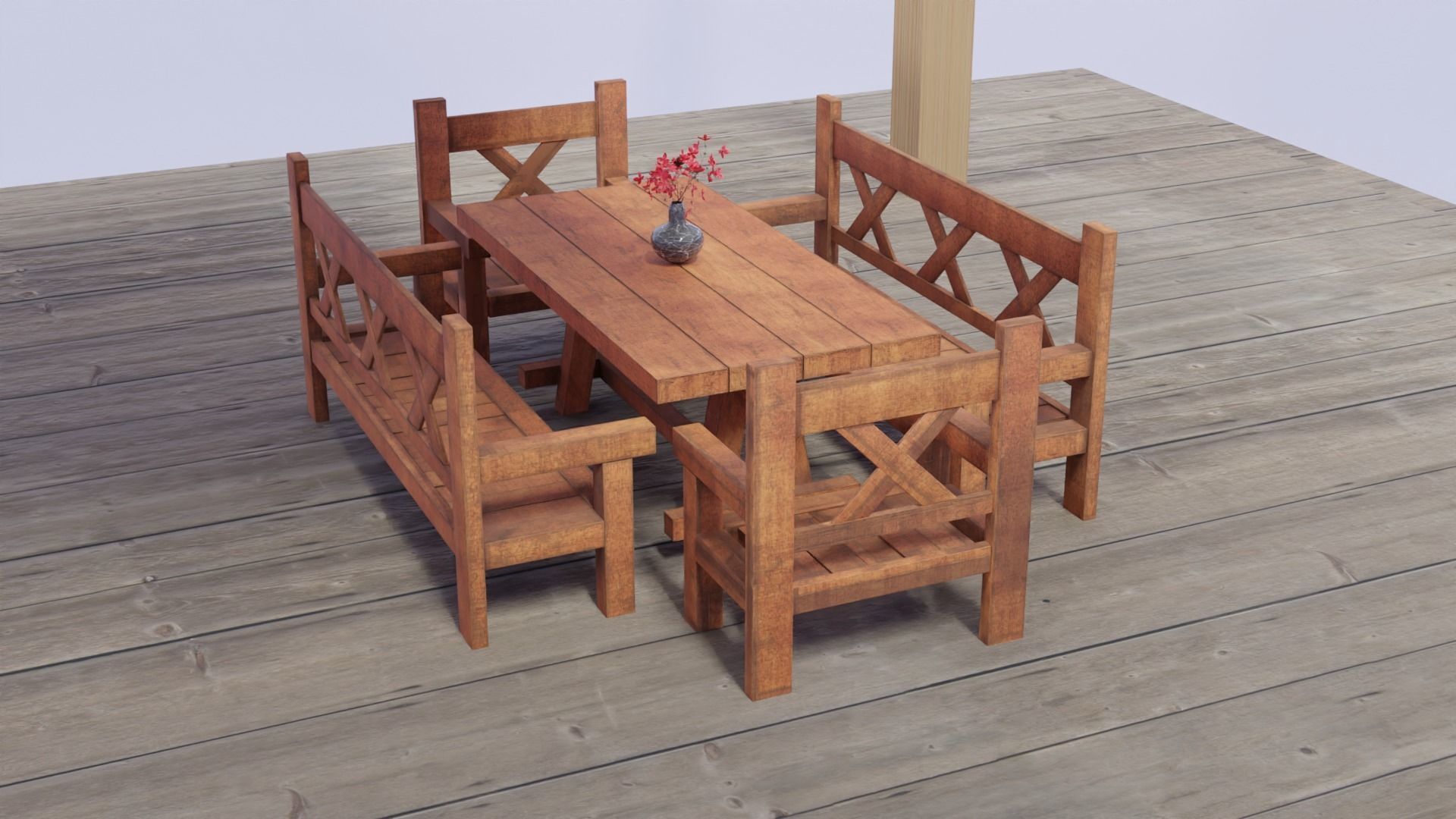 Game ready Wooden Garden Table Chairs Furniture with Flower pots Free low-poly 3D model_8
