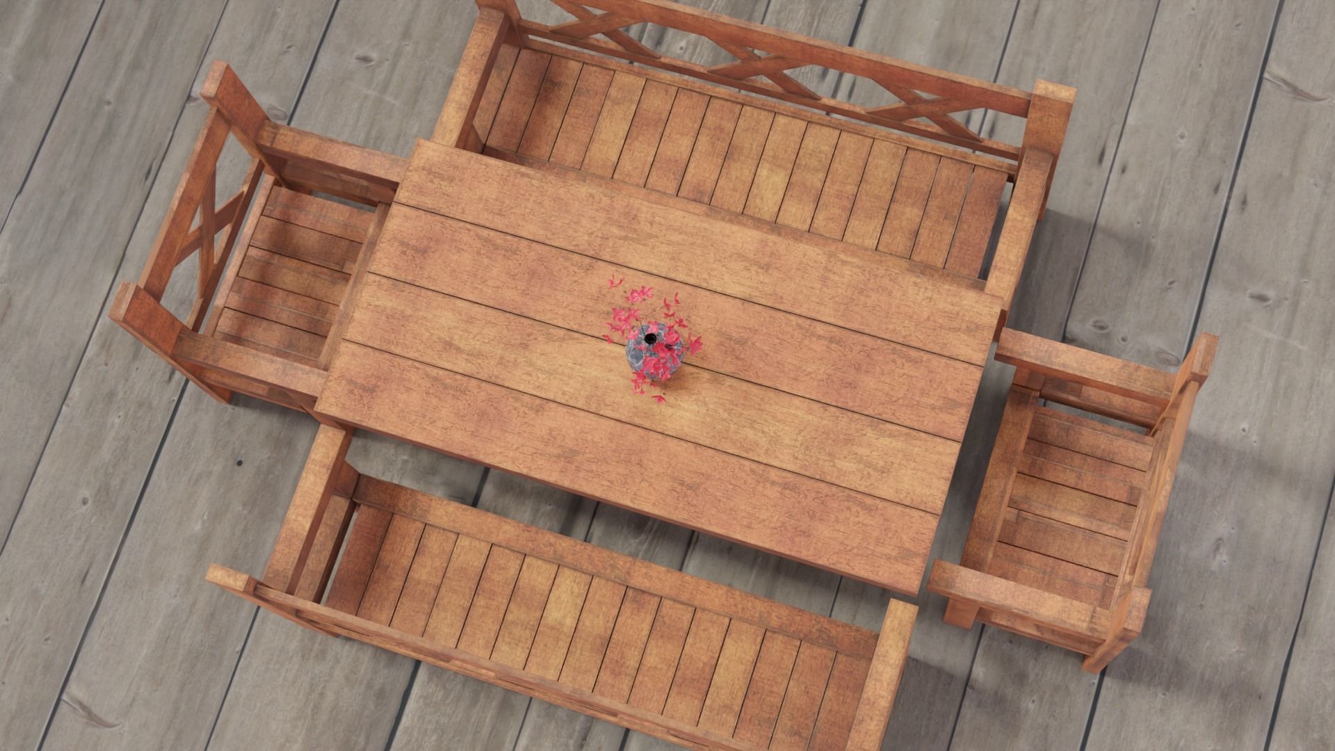 Game ready Wooden Garden Table Chairs Furniture with Flower pots Free low-poly 3D model_3