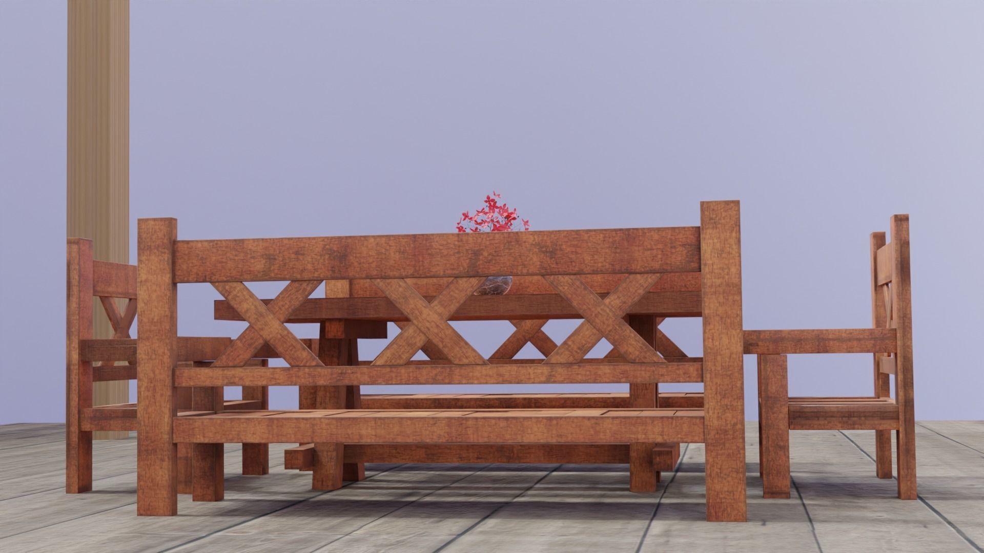 Game ready Wooden Garden Table Chairs Furniture with Flower pots Free low-poly 3D model_5