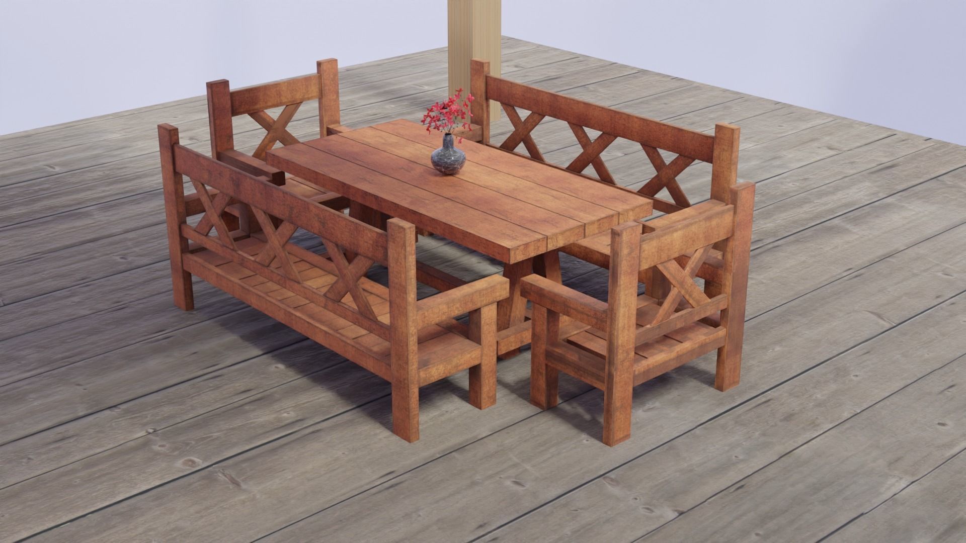 Game ready Wooden Garden Table Chairs Furniture with Flower pots Free low-poly 3D model_2
