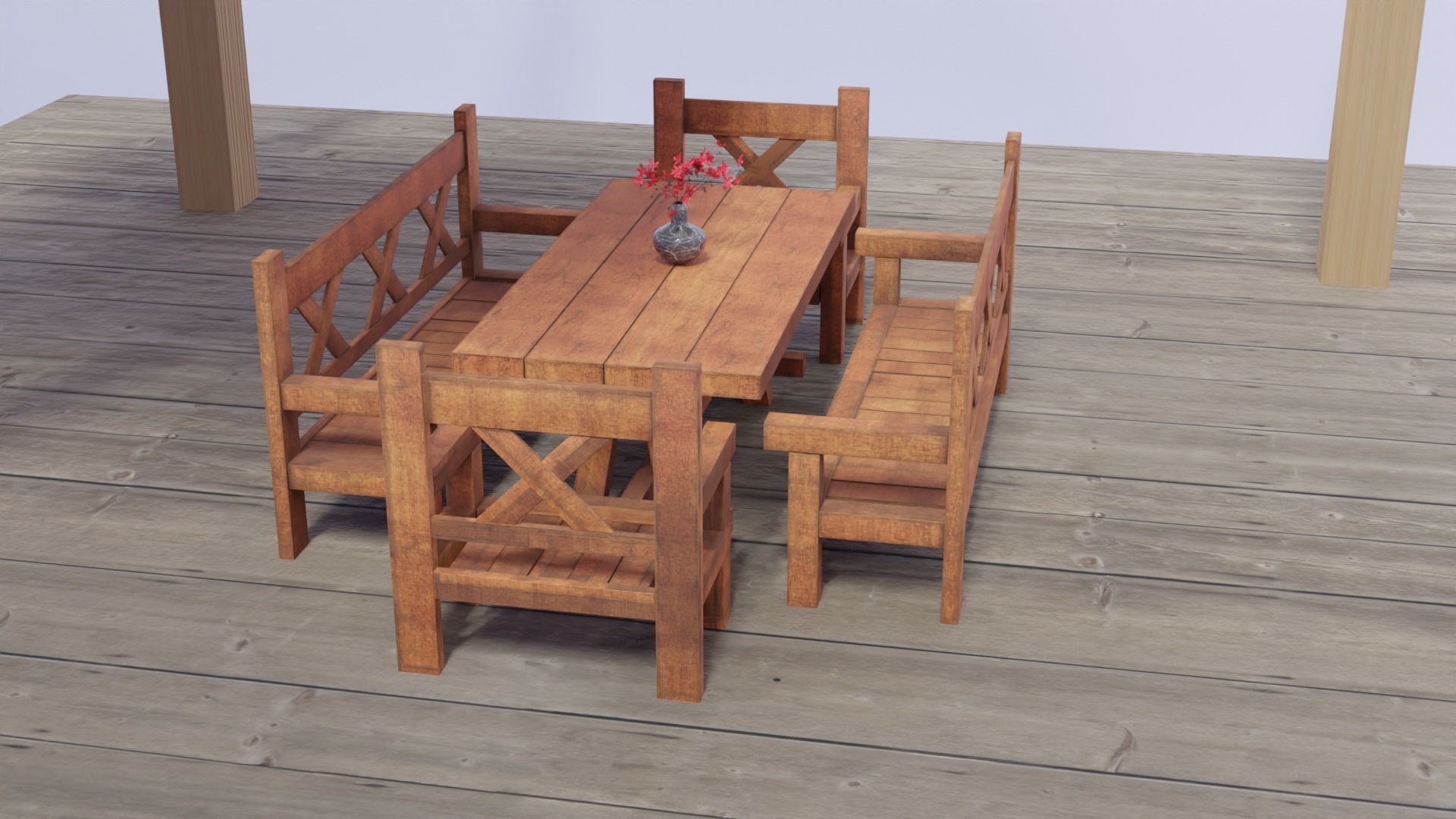 Game ready Wooden Garden Table Chairs Furniture with Flower pots Free low-poly 3D model_9