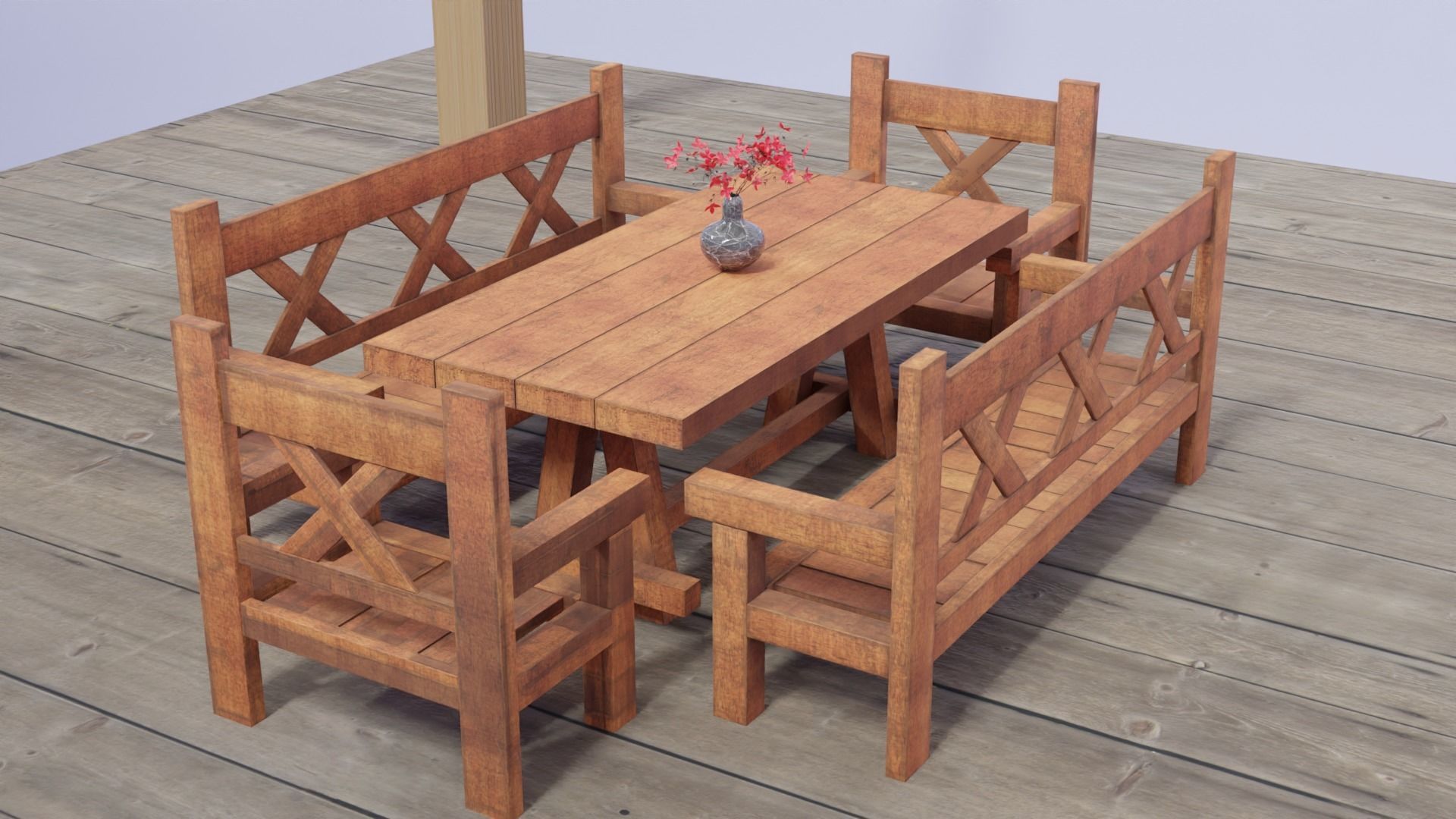 Game ready Wooden Garden Table Chairs Furniture with Flower pots Free low-poly 3D model_10