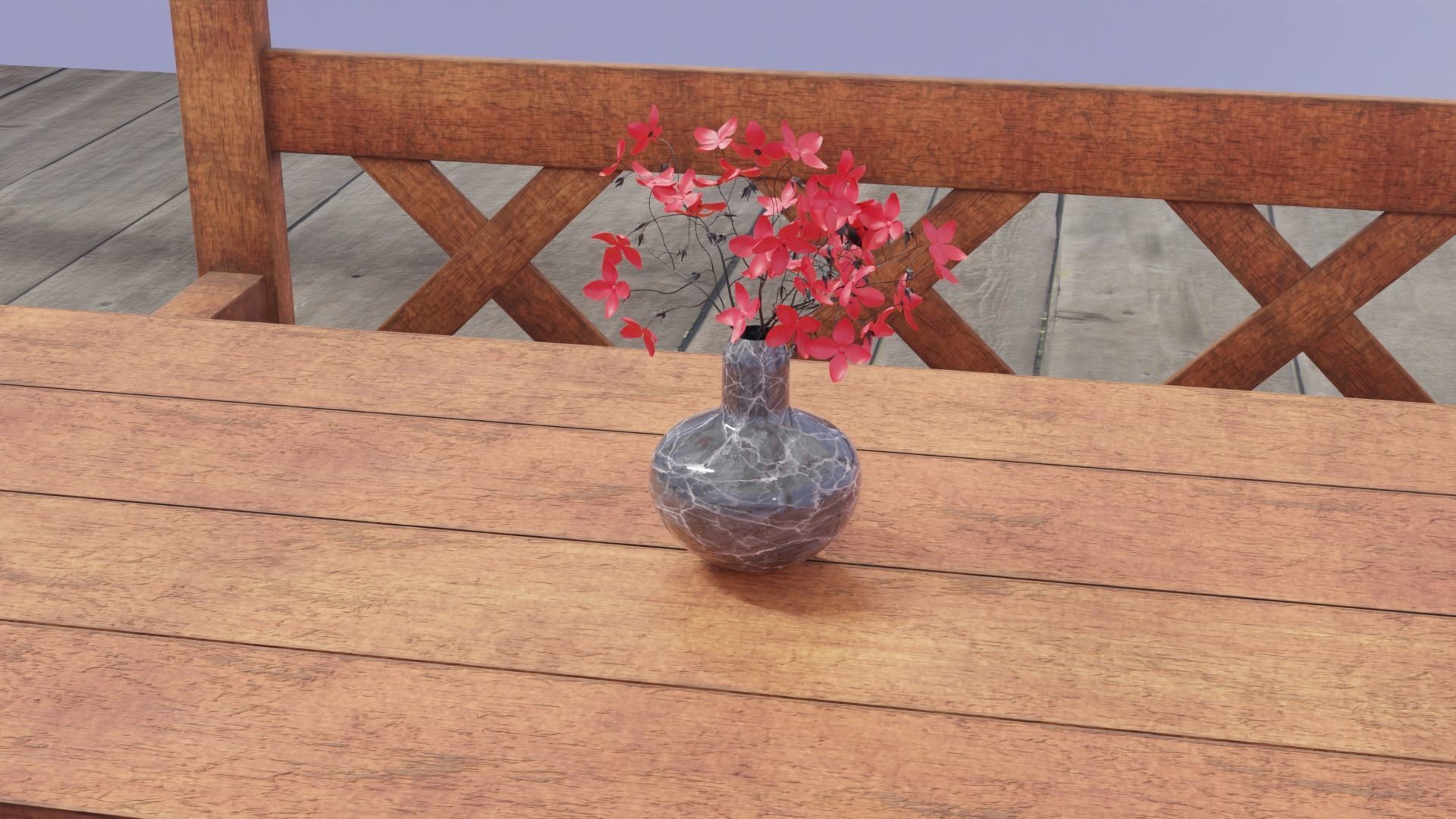 Game ready Wooden Garden Table Chairs Furniture with Flower pots Free low-poly 3D model_1
