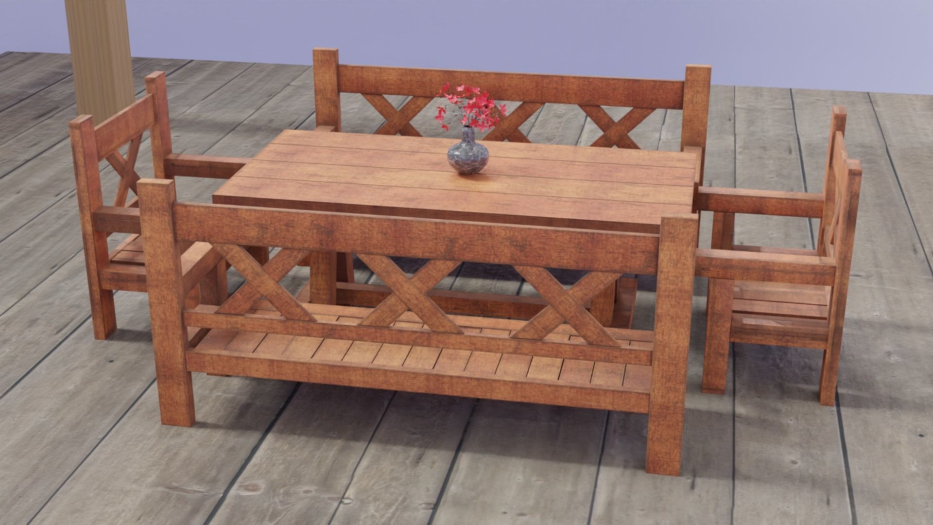 Game ready Wooden Garden Table Chairs Furniture with Flower pots Free low-poly 3D model_12