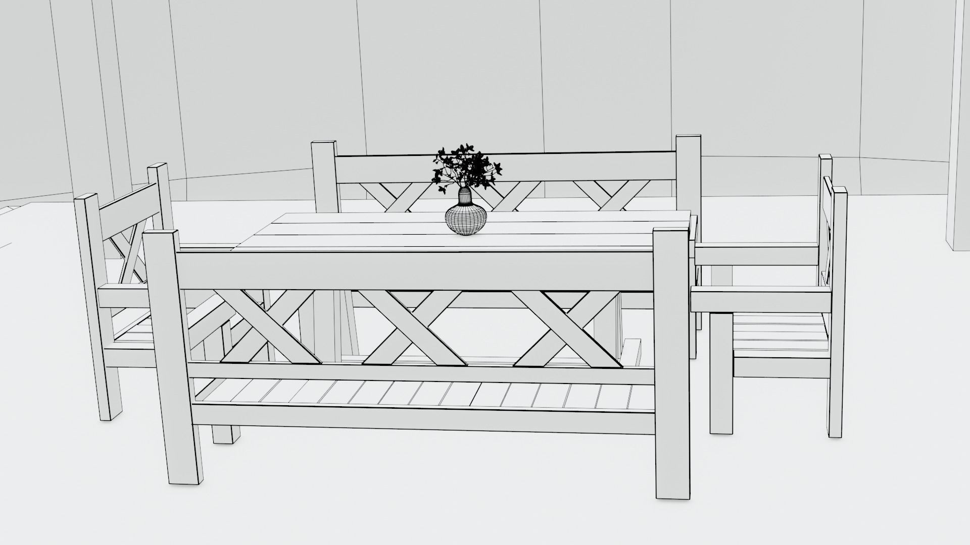 Game ready Wooden Garden Table Chairs Furniture with Flower pots Free low-poly 3D model_4