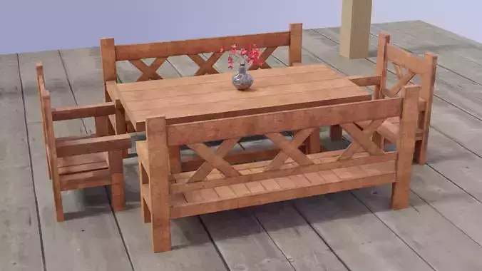 Game ready Wooden Garden Table Chairs Furniture with Flower pots