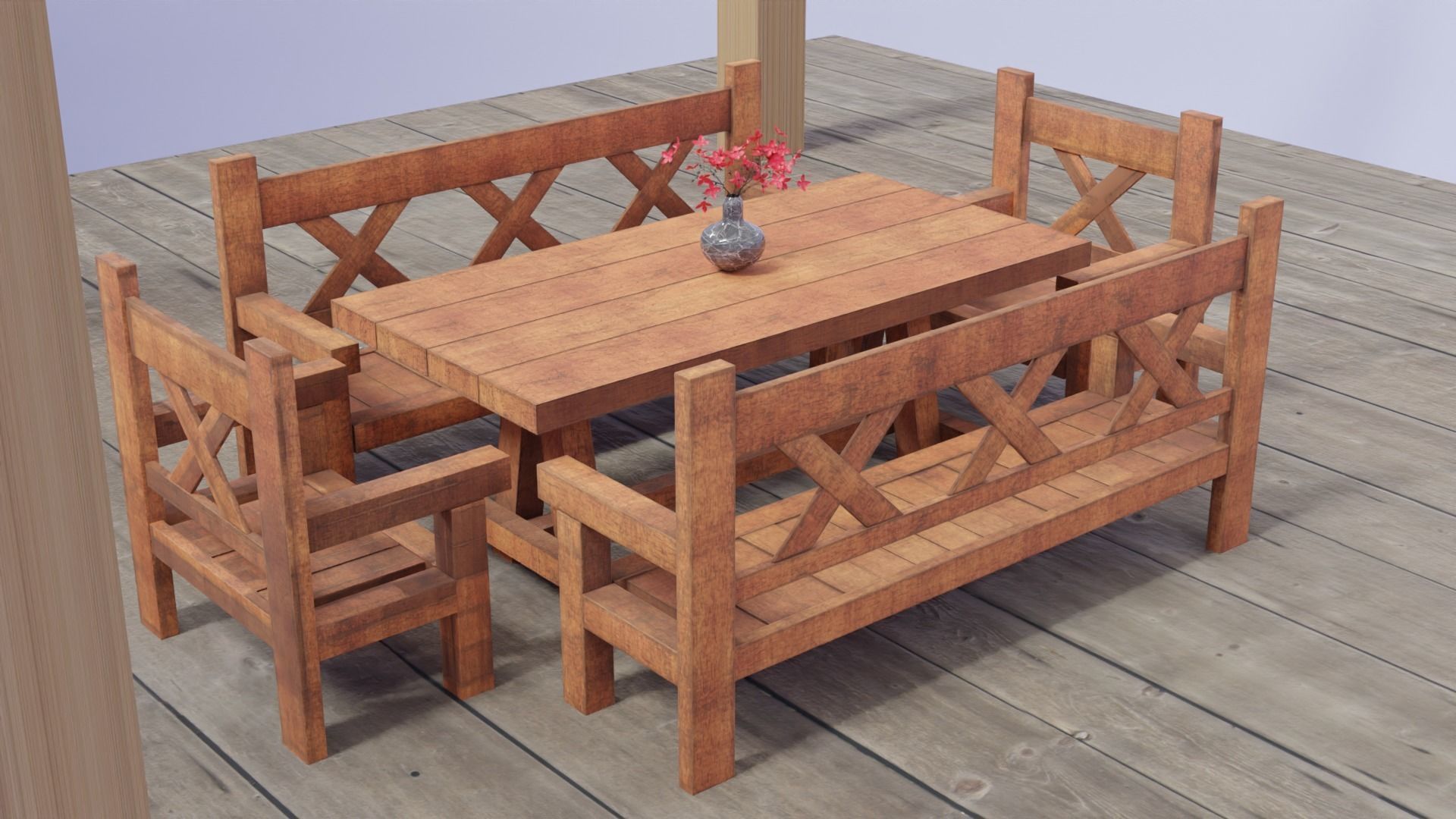 Game ready Wooden Garden Table Chairs Furniture with Flower pots Free low-poly 3D model_11