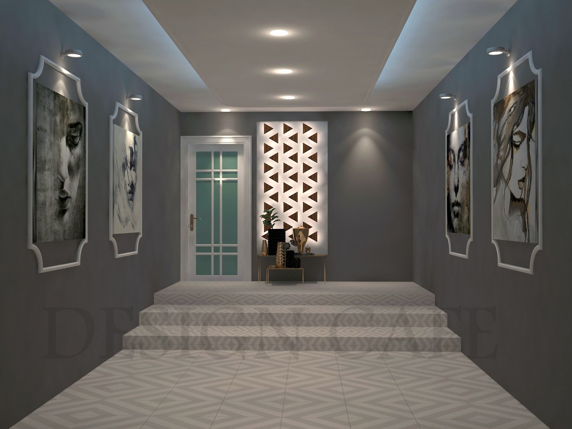 foyer modern hallway with art and paintings 3D model_1