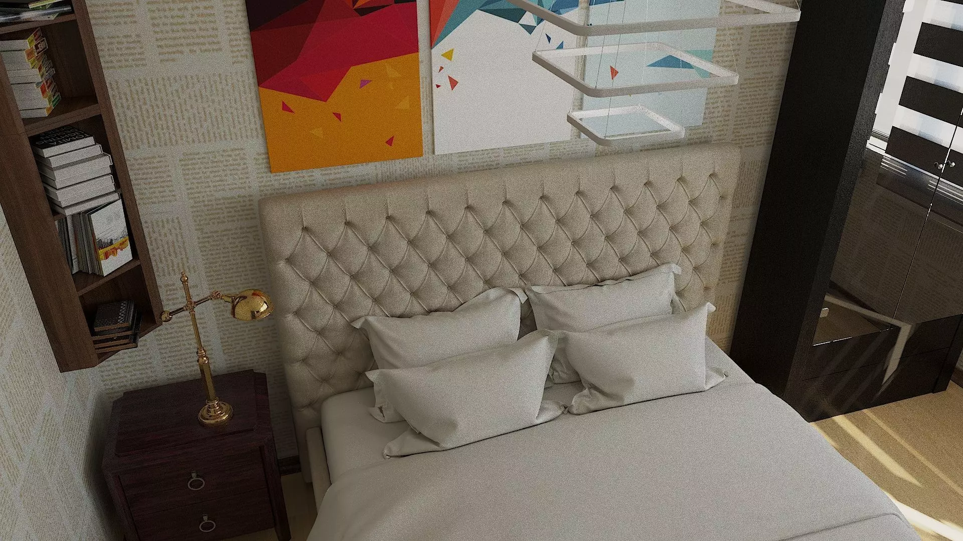 Bedroom bed with art piece above it Free 3D model_0
