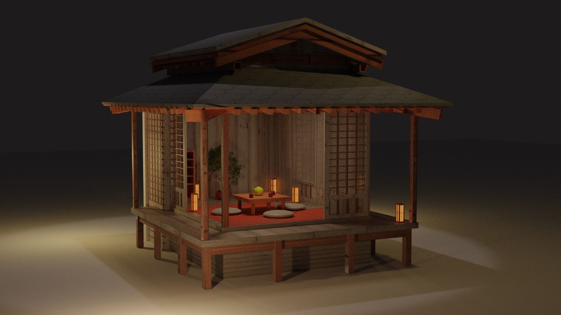 Japanese garden structures viewing pavilions Low-poly 3D model_2