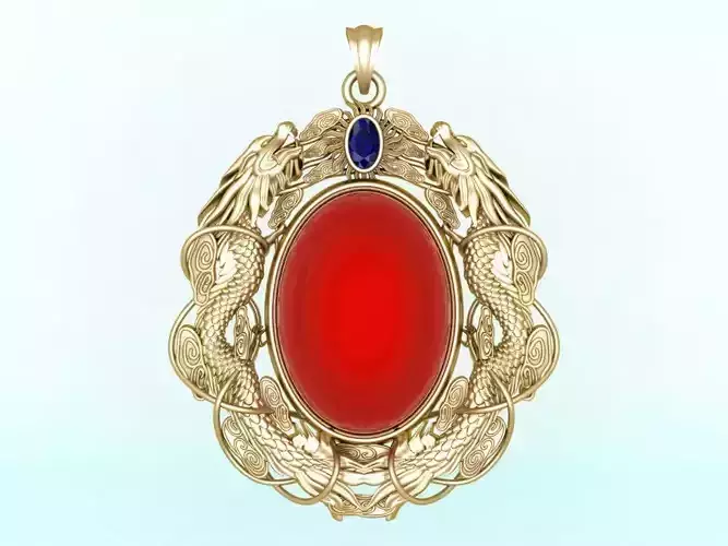 Twin dragon pendant - Dragon pendant - Mens oval stone pendant