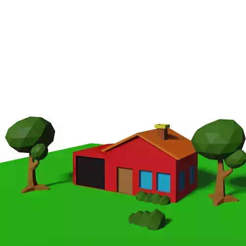 low poly house model with trees and grass