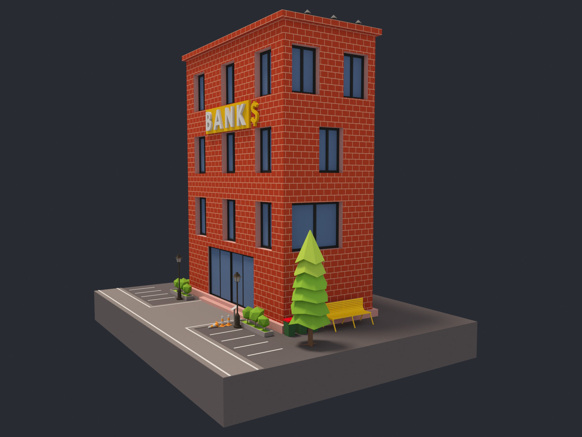 Bank Building Low-poly 3D model_3