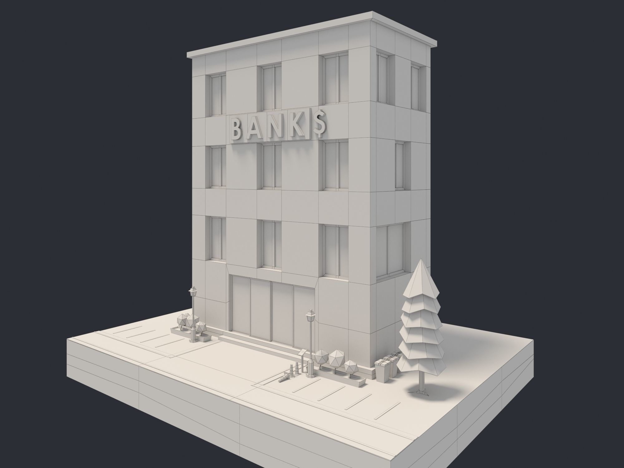 Bank Building Low-poly 3D model_8