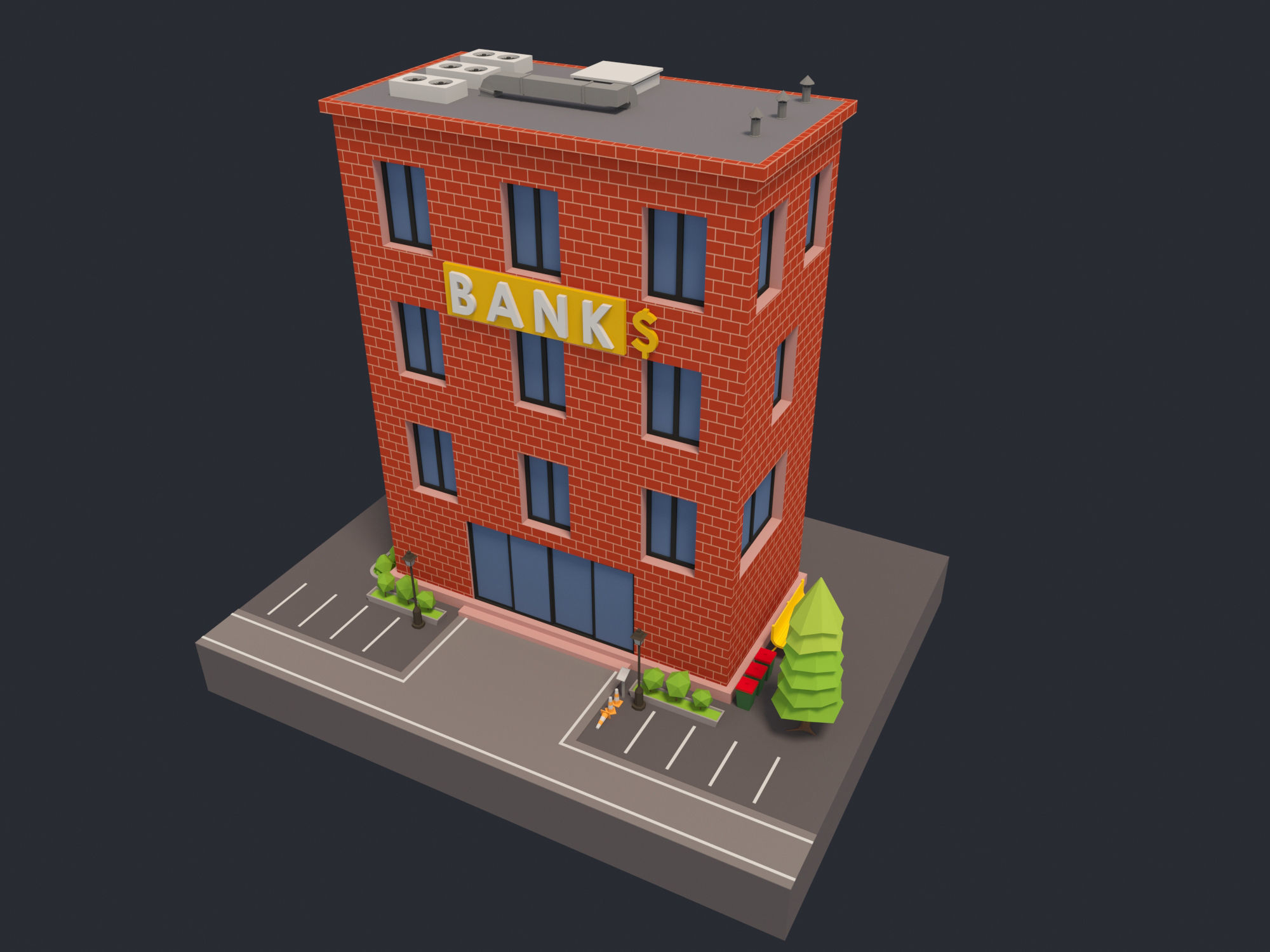 Bank Building Low-poly 3D model_1