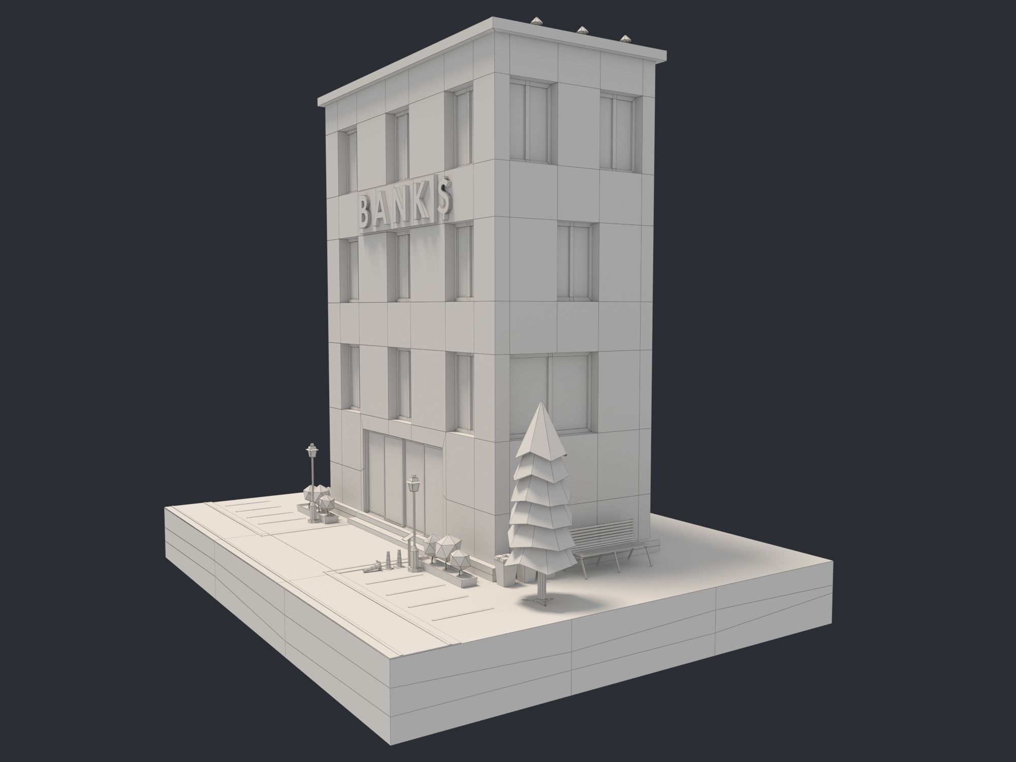Bank Building Low-poly 3D model_6